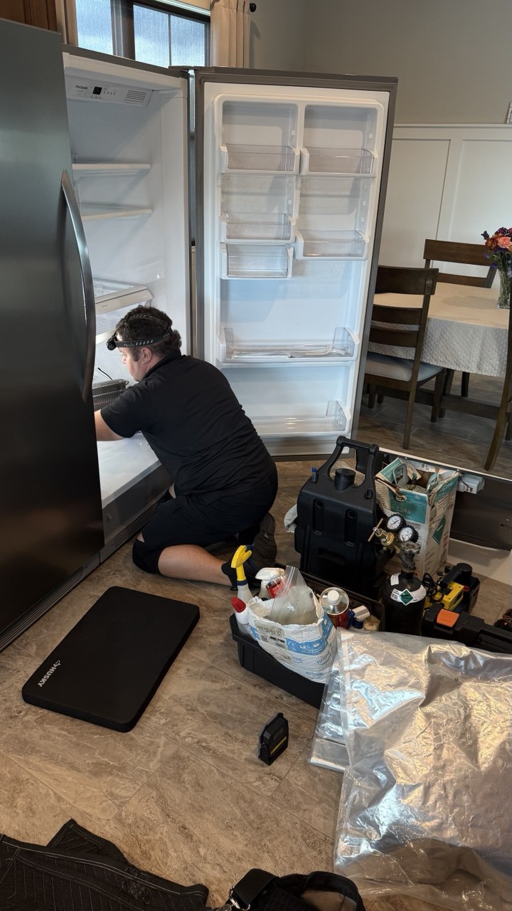 Technician assessing the back of a refrigerator
